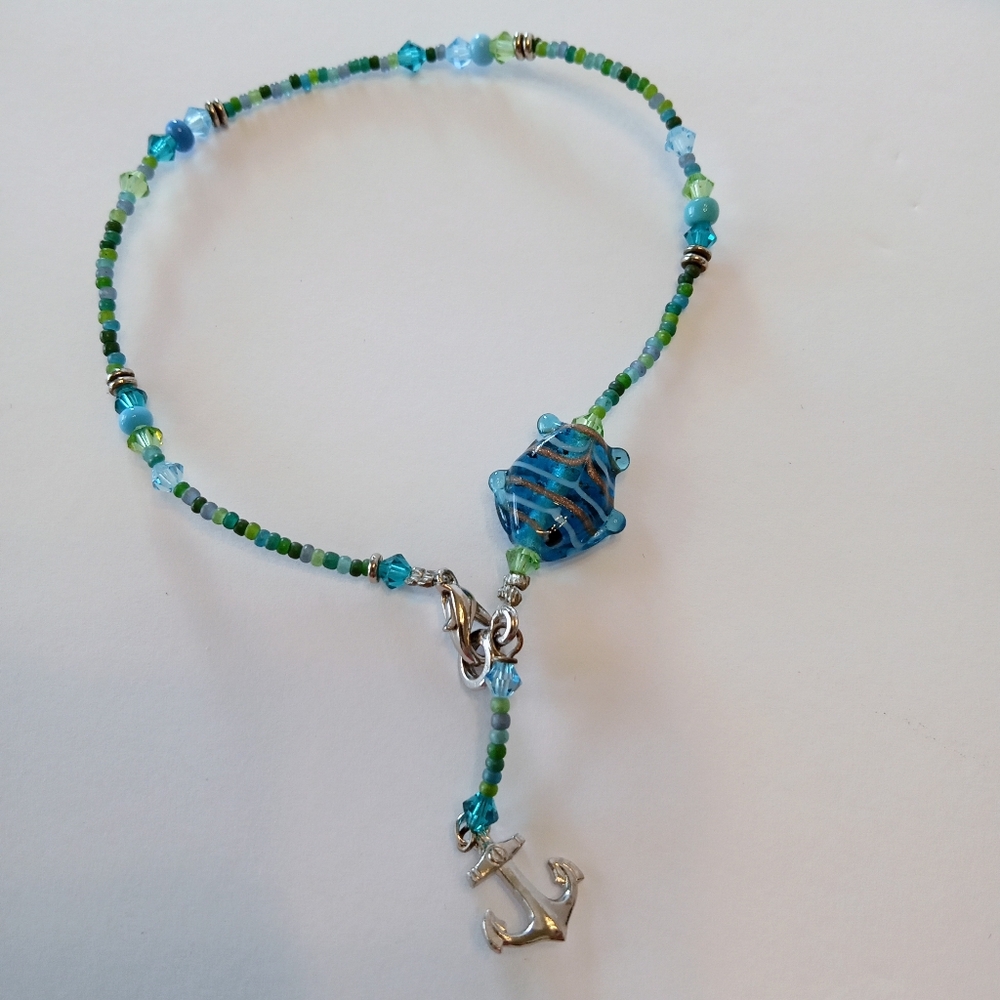 Nautical Artisan Anklet Blues Green Seed Bead Glass Turtle Silver Tone Anchor